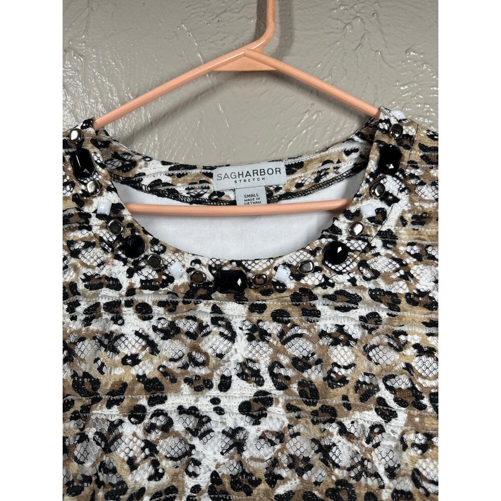 Sag Harbor Stretch Leopard Print Lace Studded‎ Tiered Jeweled Neck Womens Size S